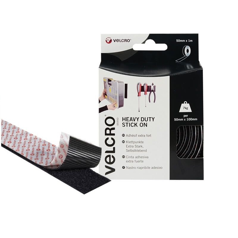 Velcro Heavy Duty Stick On Tape Black 50mm x 1Mtr VEL60241 | Self Adhesive Tape | Double Sided Tape