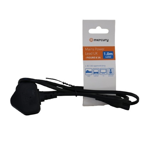 Mercury Mains Power UK Plug Figure 8 Lead Black 1Mtr 126g 114.033UK | 3A Fused Plug | Compatible with DVD-Laptop-TV and Speaker | BS 1363 Approved Plug