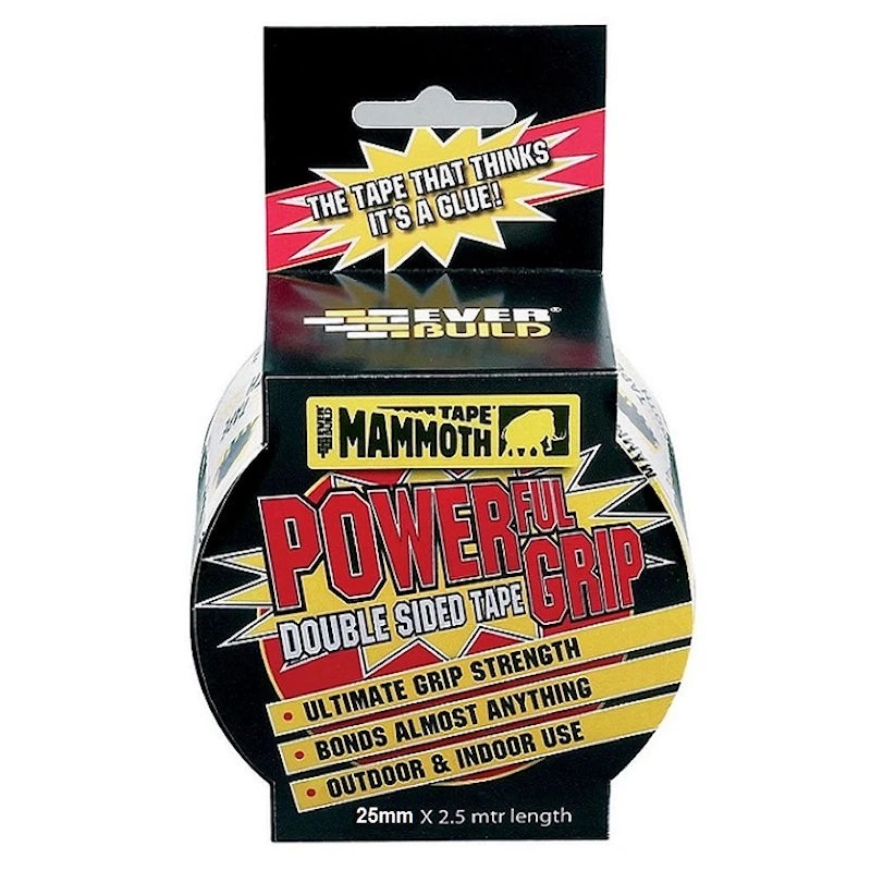Everbuild Mammoth Double Sided Powergrip Tape Clear 25mm x 2.5Mtr 2POWERGRIP25 Everbuild Mammoth Double Sided Powergrip Tape Clear 25mm x 2.5Mtr 2POWERGRIP25