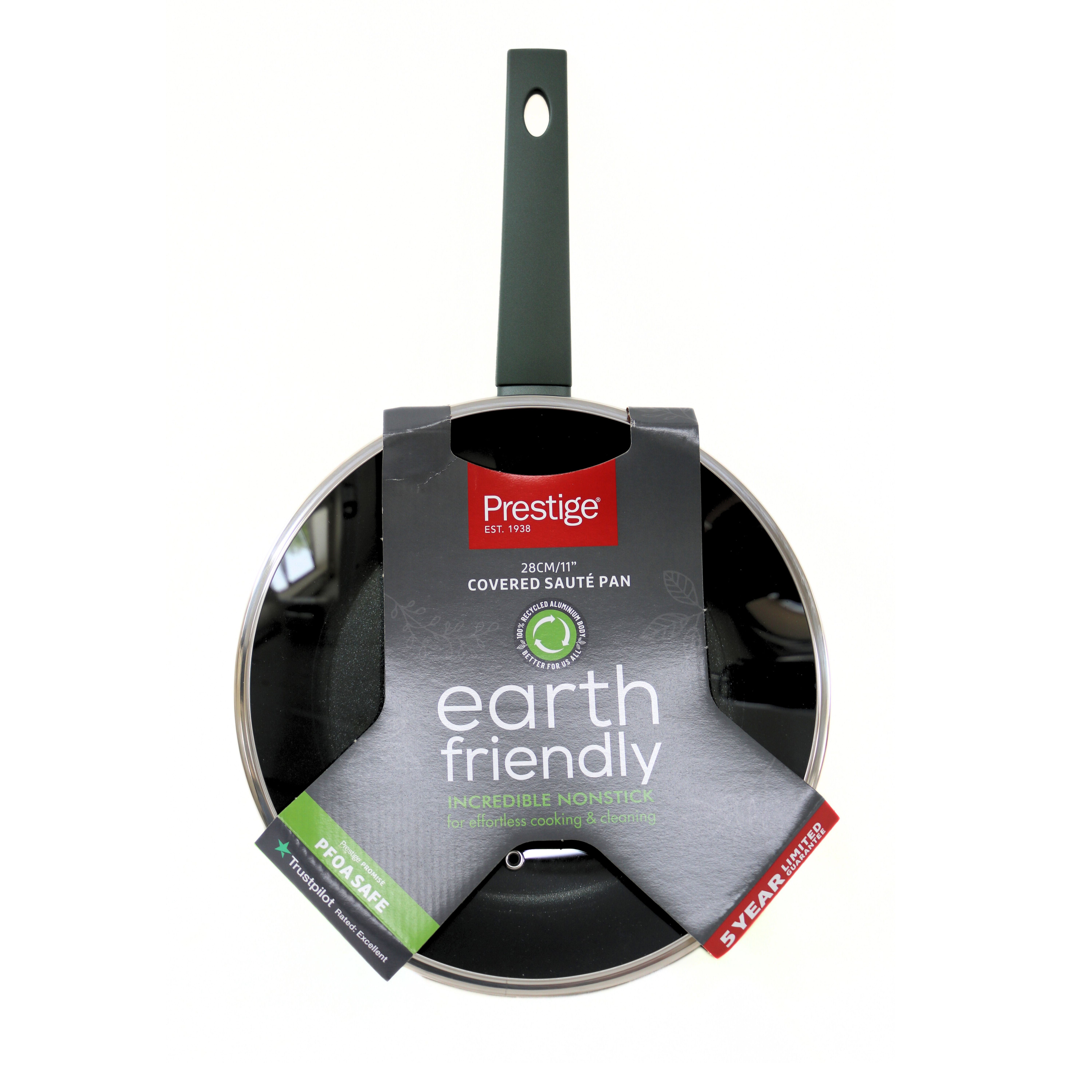 Prestige Earth Friendly Covered Saute Pan Black and Green 28cm 15087 | Incredible Non-Stick for Effortless Cooking and Cleaning | PFOA and PFOS Safe | 100 Percent Recycled Aluminium Body