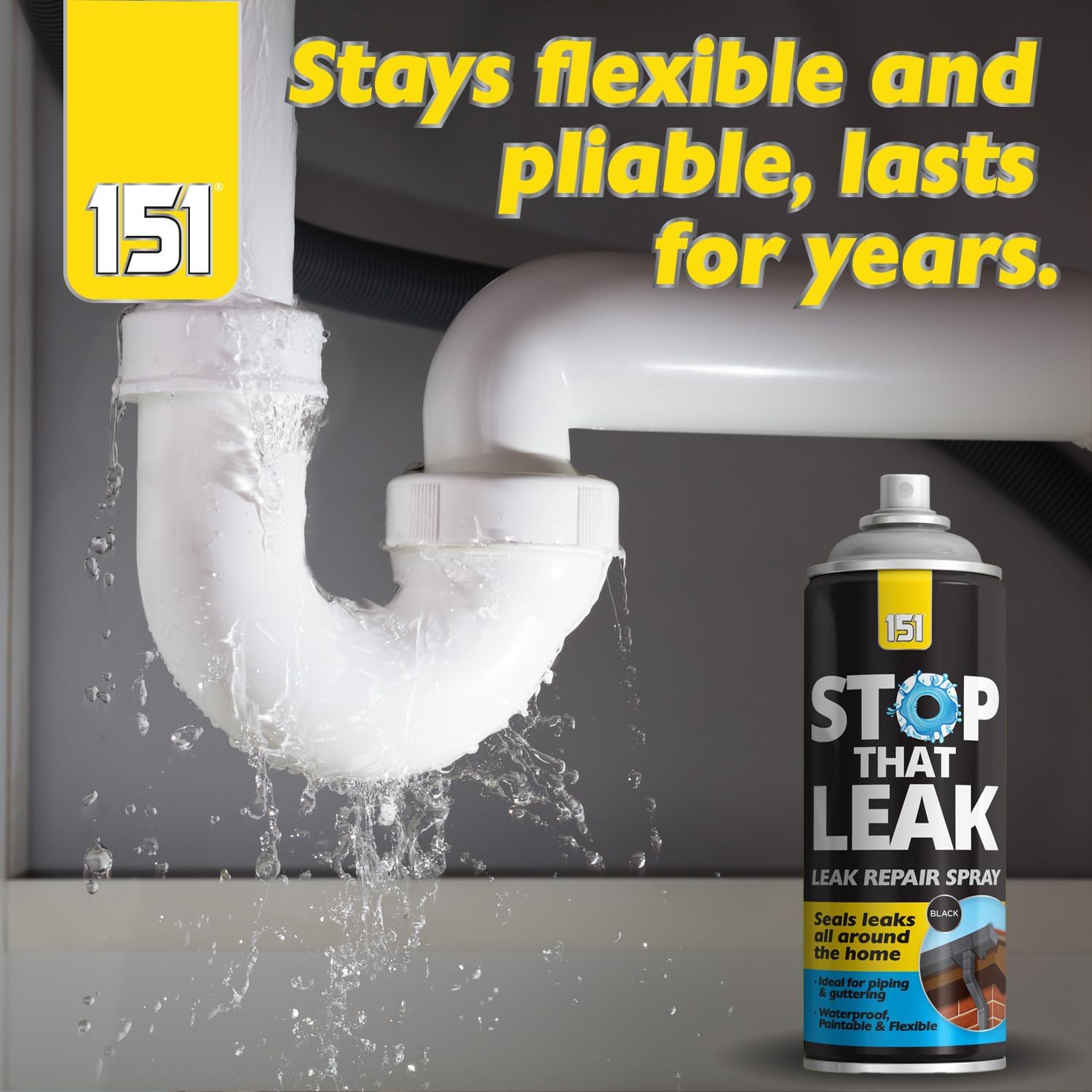 151 Stop That Leak Spray Black 400ml TAR043 | Leak Repair Spray | Seals Leaks | For Pipes-Drains-Windows-Roofs and Guttering | Waterproof-Paintable and Flexible | Protects Surface from Corrosion | Once Dry Can be Painted Any Colour 151 Stop That Leak Spray Black 400ml TAR043 | Leak Repair Spray | Seals Leaks | For Pipes-Drains-Windows-Roofs and Guttering | Waterproof-Paintable and Flexible | Protects Surface from Corrosion | Once Dry Can be Painted Any Colour