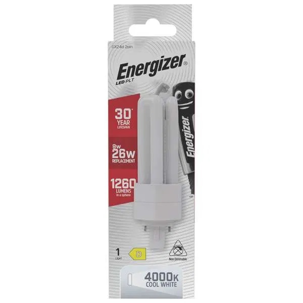 Energizer GX24d 2Pin LED PLT White 145mm x 50mm S30439 | 9W | 26W Replacement | 4000K Cool White | 1260 Lumens | 30-Year Lifespan | Non Dimmable | 30000Hr Lifespan | Mercury Free | Energy Rating D | CRI-80