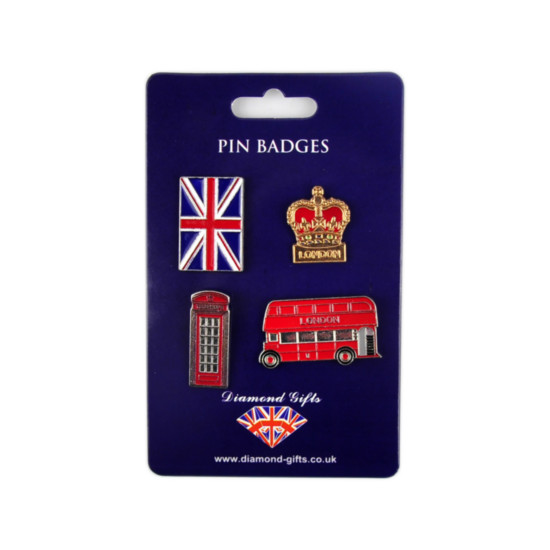 London Souvenir Pin Badge Set Multicoloured Pack of 4 MPB01 | Union Jack-Crown-Red Bus and Telephone Box | Enamel Metal Badges | Classic UK Collectible Gift London Souvenir Pin Badge Set Multicoloured Pack of 4 MPB01 | Union Jack-Crown-Red Bus and Telephone Box | Enamel Metal Badges | Classic UK Collectible Gift