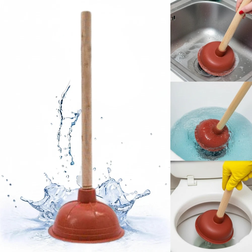 Adorn Large Heavy Duty Toilet Plunger with Detachable Wooden Handle Brown AG029 | High Suction Rubber Cup | Drain-Basin and Sink Unblocker