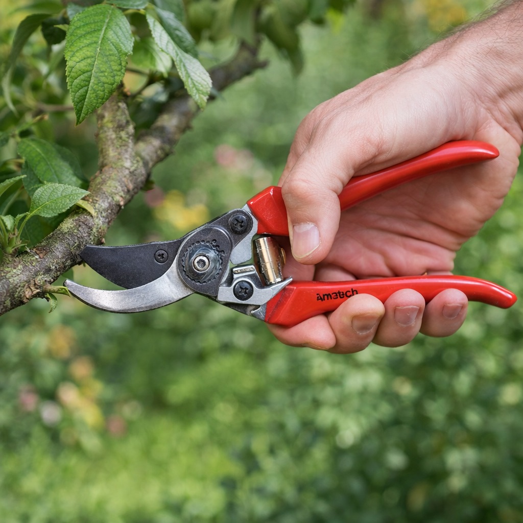 Amtech Bypass Pruner Red U0375 | Strong Non-Stick Carbon Steel Blade | Ergonomic Handle | Safety Lock Switch | 15mm Cutting Capacity
