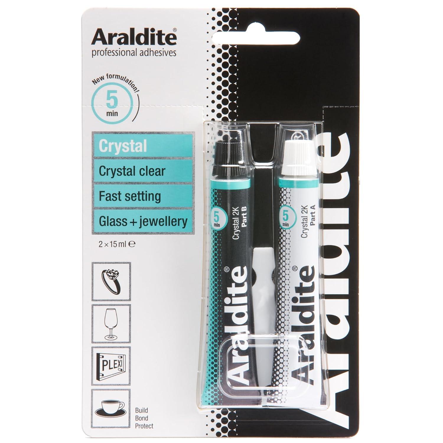 Araldite Multipurpose Crystal 2-Part Epoxy Adhesive Tubes Clear 15ml Pack of 2 ARA-400008 | Strong and Secure Hold | Sets in 5-Minutes | Long-lasting | Bonds Glass-Jewellery-Ceramics and More