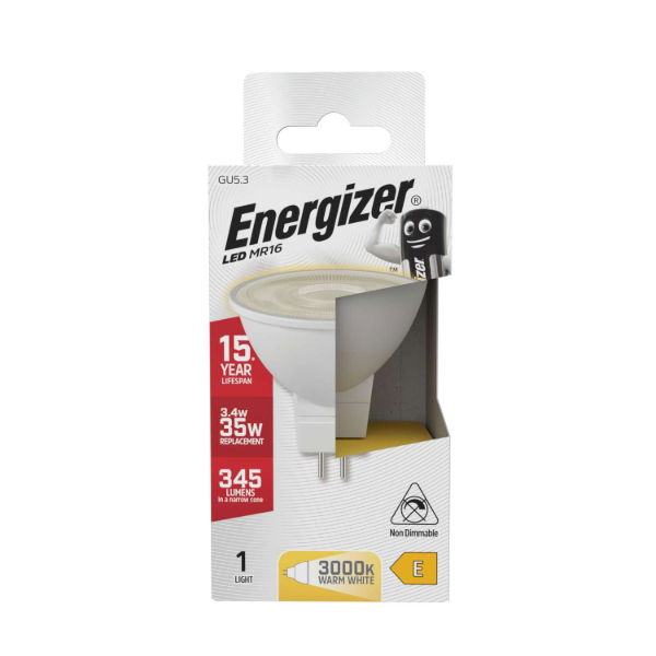 Energizer GU5.3 MR16 LED Light Bulb White S8832 | 3.4W | 35W Replacement | 3000K Warm White | 345 Lumens | 15-Year Lifespan | Non Dimmable | 15000Hr Lifespan | Mercury Free | Energy Rating E