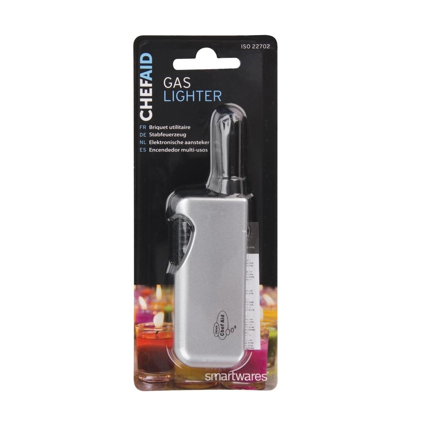 Chef Aid Mini Refillable Gas Lighter Silver and Black 10E00204 | Ideal for Candles and Cookers | Adjustable Flame