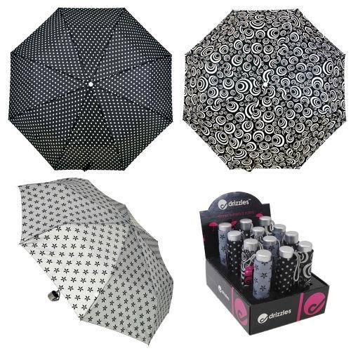 Drizzles Compact Folding Umbrella Black and White Pack of 1 UU0118A | Assorted Designs | Lightweight | Windproof Rain Umbrella