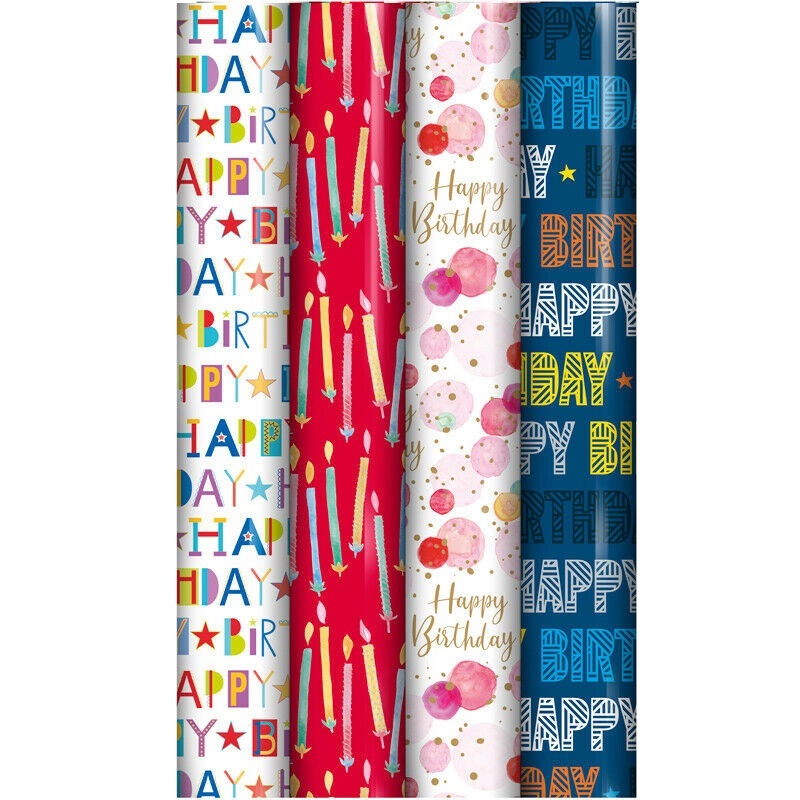 Eurowrap Happy Birthday Gift Wrap Roll Multicoloured 3Mtr Pack of 1 29001-GWC | Colourful Birthday Wrapping Paper | Assorted Designs