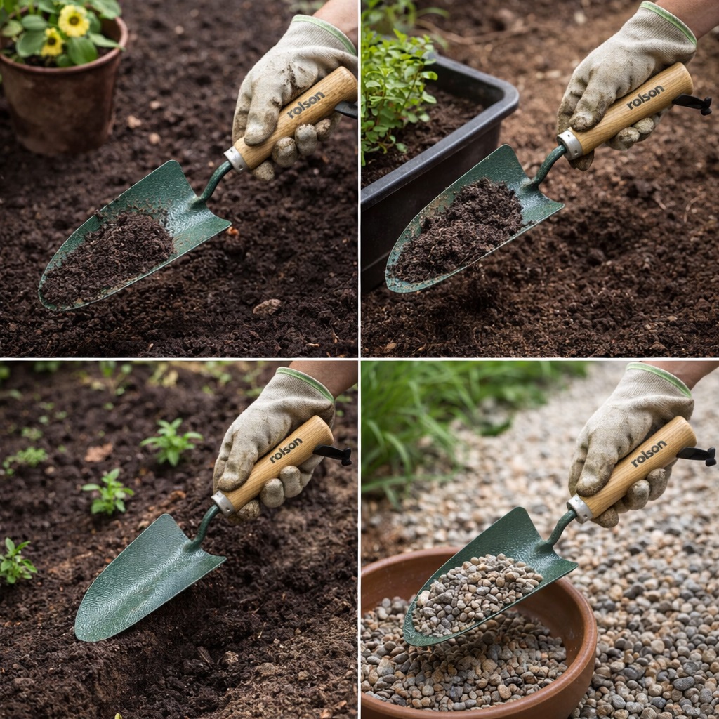 Rolson Heavy Duty Garden Trowel with Wooden Handle Metallic Grey 82531 | Carbon Steel Digging Tool | Ideal for Planting and Potting