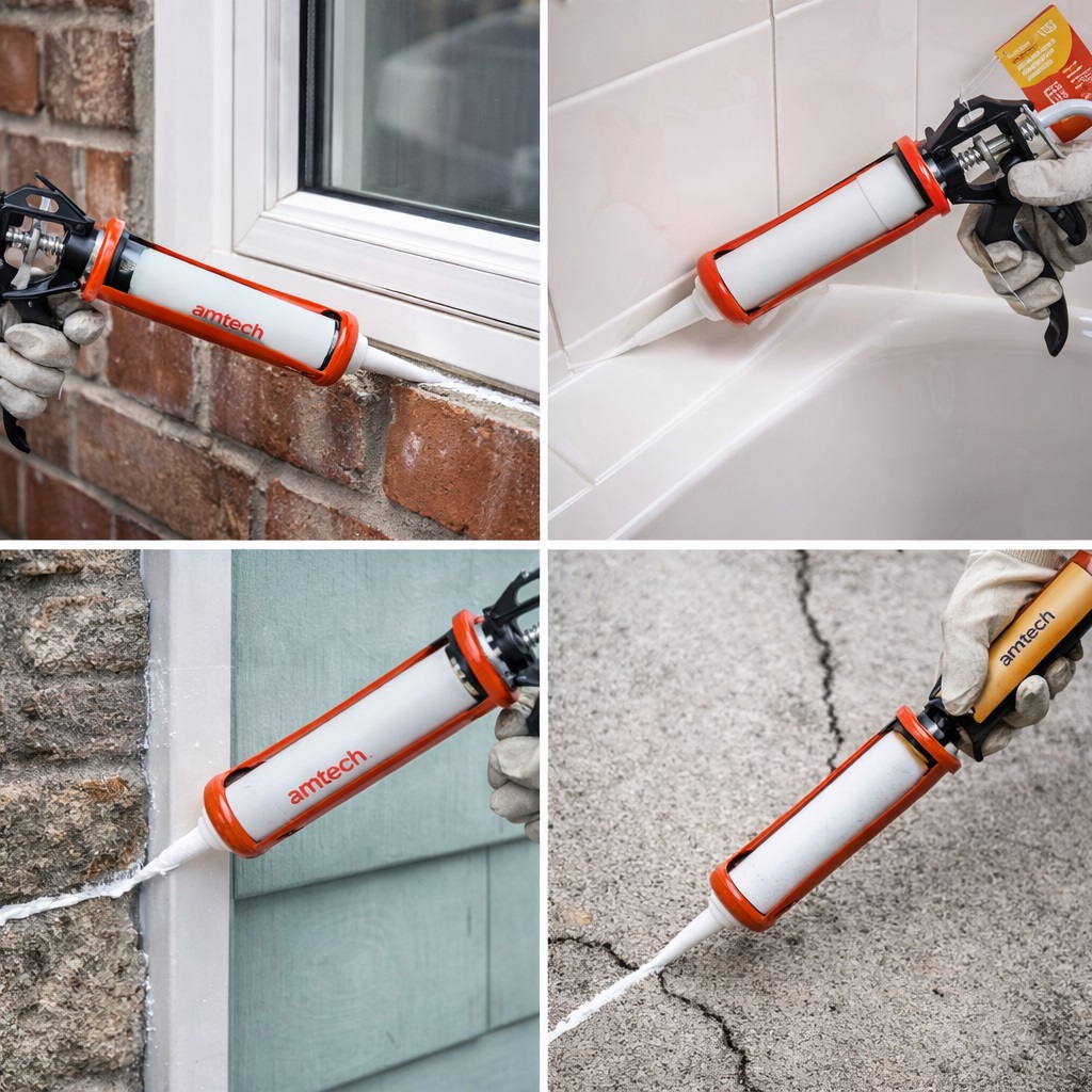 Amtech Professional Caulking Gun Red and Black 280mm H2000 | Heavy Duty Steel Frame | Lightweight Aluminium Handle | Integral Nozzle Unblocker | For Silicone and Adhesives