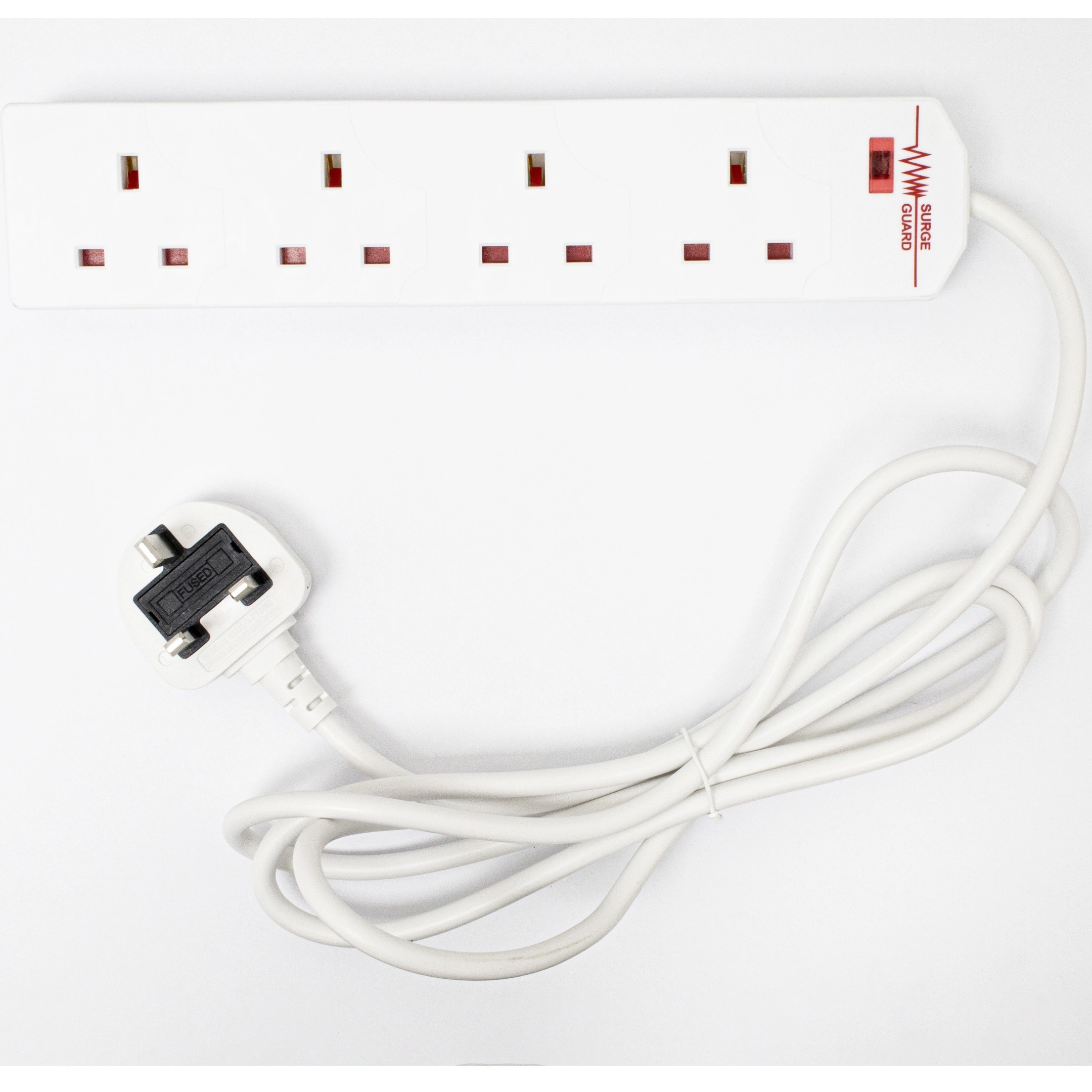 Pifco 4 Way Surge Protected Extension Lead White 2Mtr EXT1028 | Fused UK Plug Power Strip | With Neon Indicator | Multi Socket Mains Adapter | For Home and Office