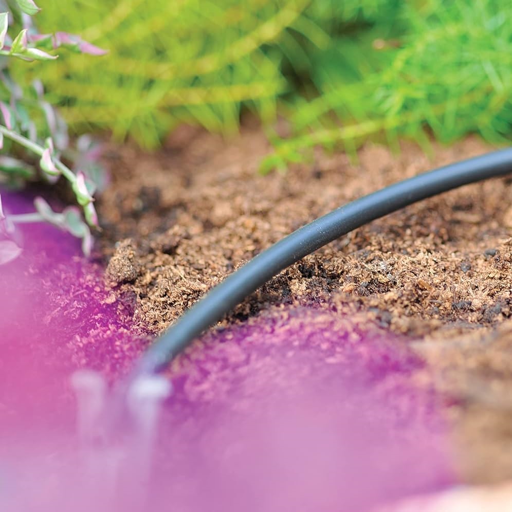 Hozelock Micro Irrigation Hose Pipe Black 4mm x 10Mtr 2772 | Highly Flexible PVC Drip Feed Tubing | UV Stabilised Underground Buried Micro Supply Tube | Pots Containers Hanging Baskets Watering | Supplied with Complete Fittings