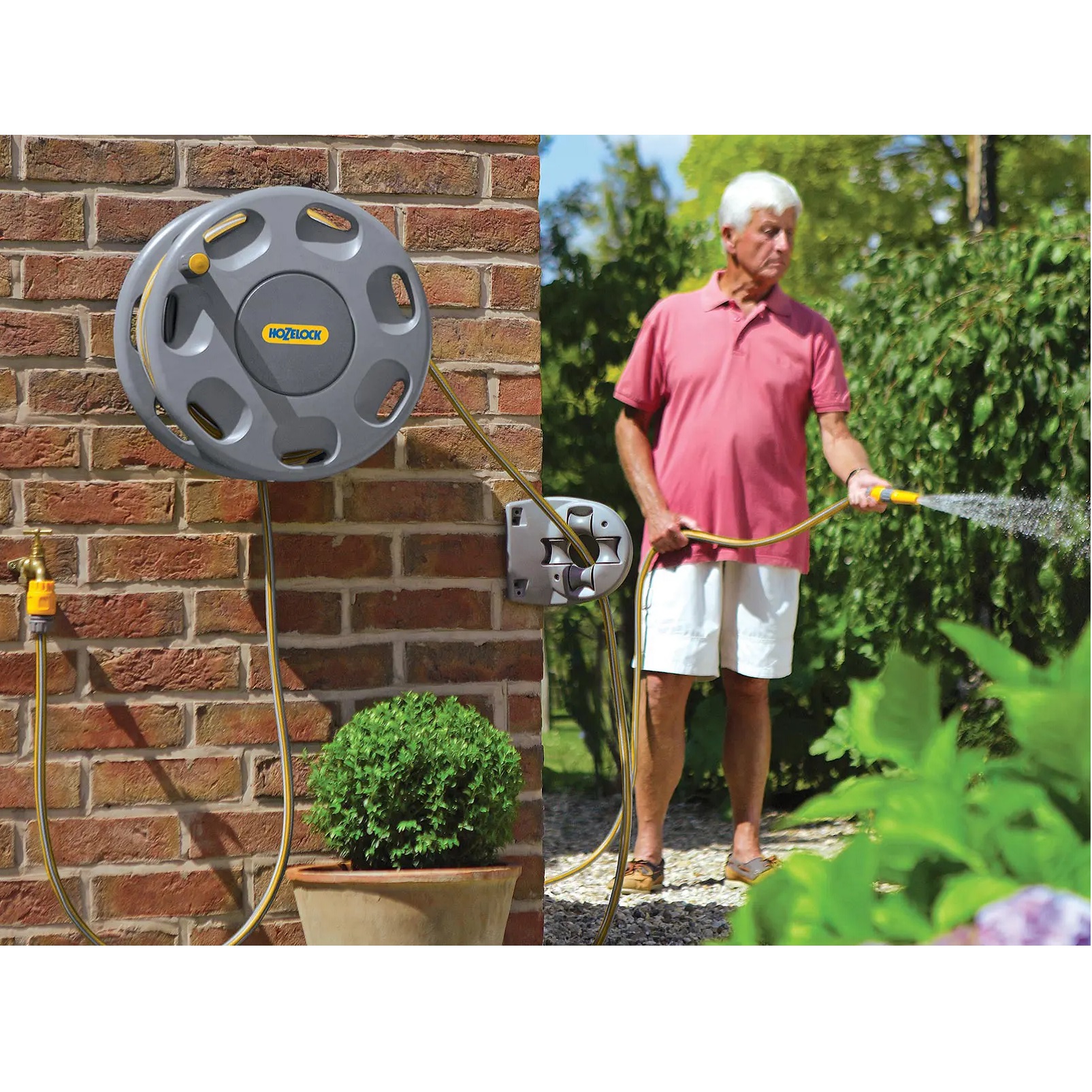 Hozelock Wall-Mounted Garden Hose Reel Grey 60Mtr 2390 | Heavy-Duty Storage Organizer Winder | Hose Not Included | Supplied with Complete Fittings
