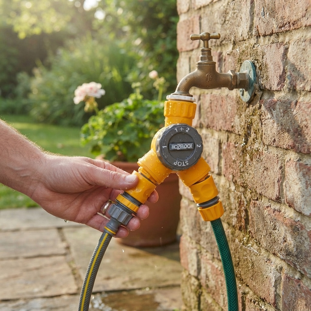 Hozelock Dual Tap Connector Yellow 2155 | 2 Way Garden Tap Connector | Hose Pipe Connector | Supplied with Complete Fittings