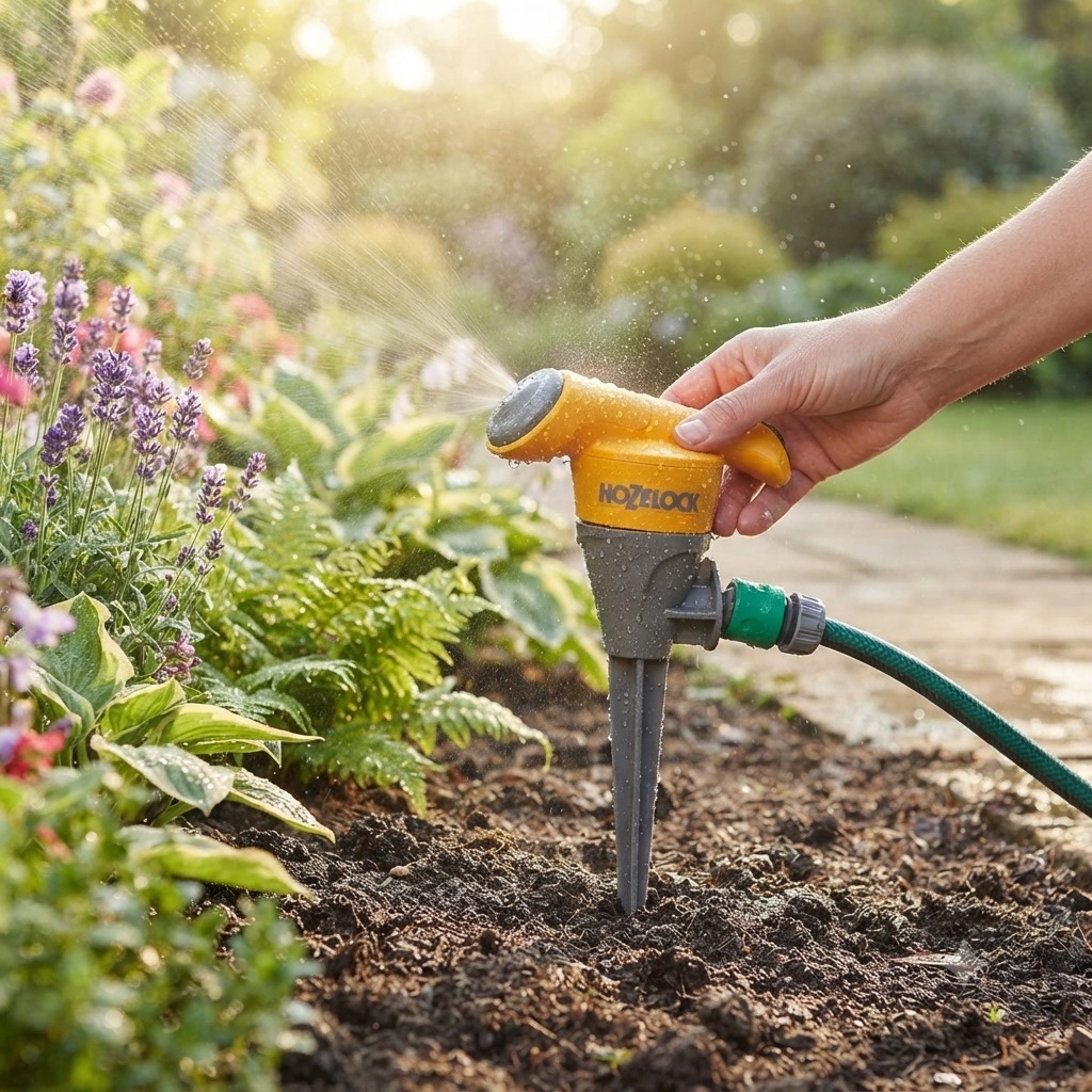 Hozelock Rotating Spike Sprinkler Yellow and Grey | Garden Lawn Water Sprinkler | Spike Mounted Water Sprayer | Supplied with Complete Fittings