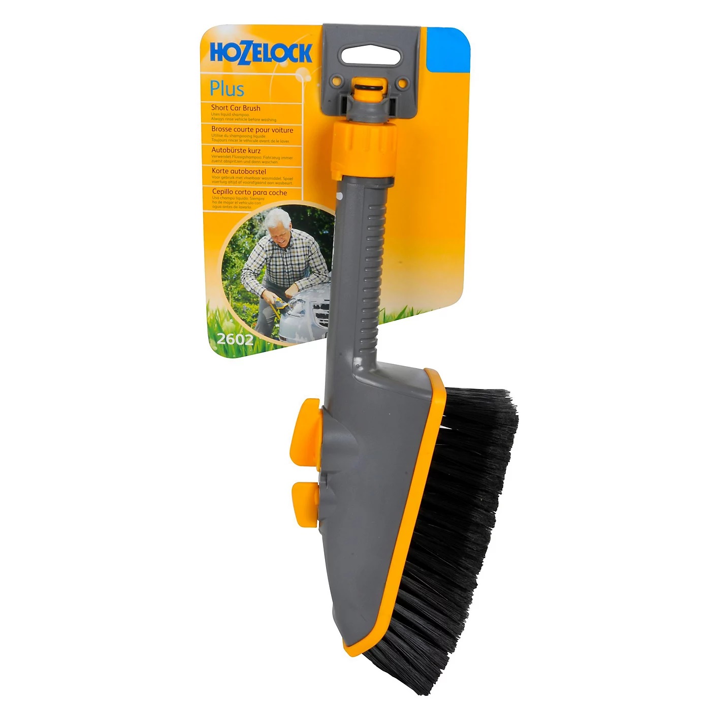 Hozelock Car Short Brush Grey and Yellow 2602 | Soft Bristle Car Wash Brush | Vehicle Cleaning Brush | Short Handle Cleaning Brush | Supplied with Complete Fittings