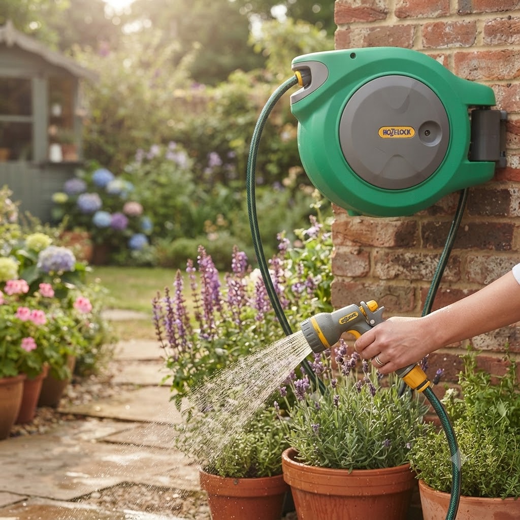 Hozelock Auto Reel Retract Wall Mounted Hose System Multicolour 40Mtr 2595R0000 | Supplied With Complete Fittings | Wall Mounted Garden Hose | Auto Rewind Hose Reel