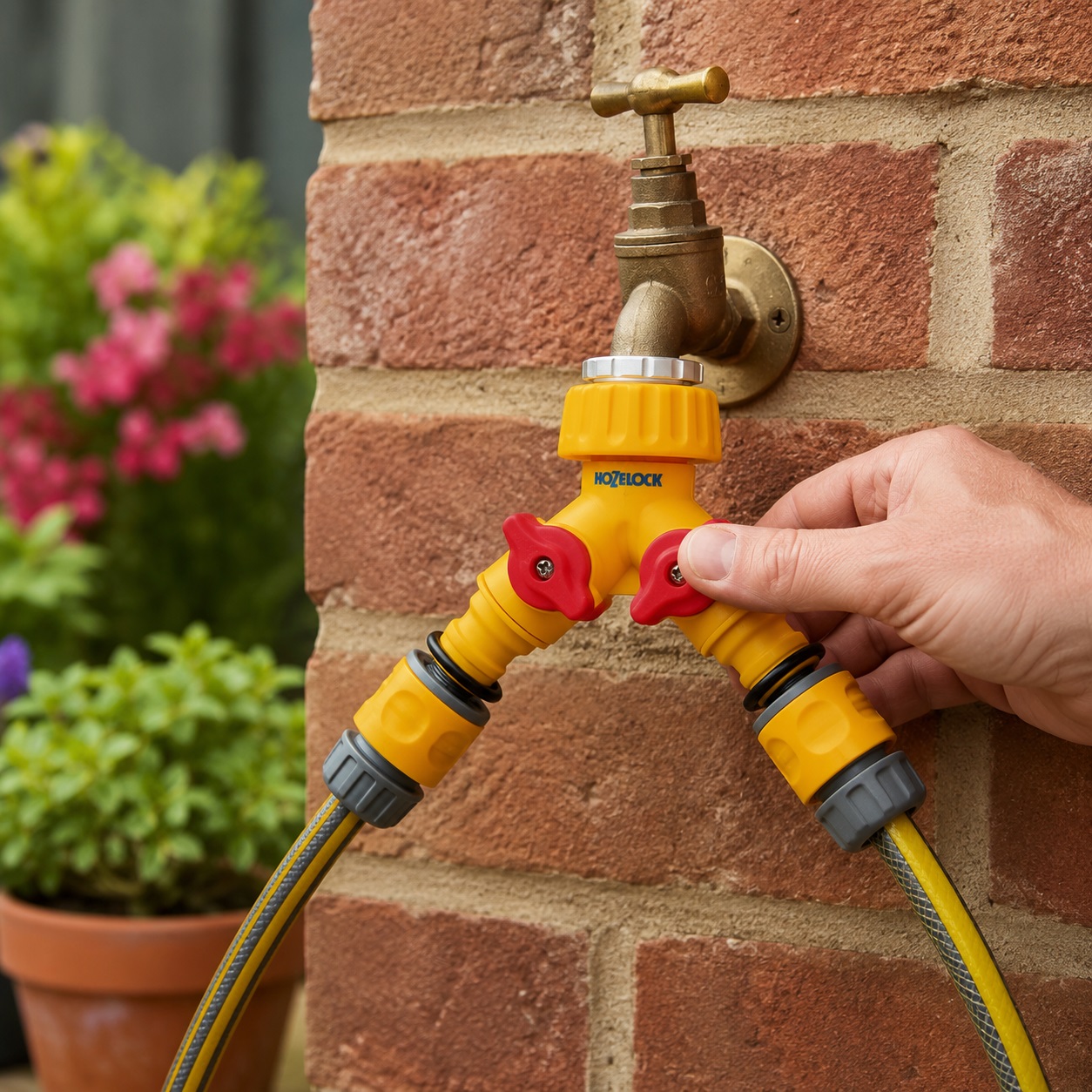 Hozelock Heavy Duty Plastic Dual Tap Connector Yellow 0.75-Inch 22560000 | Supplied With Complete Fittings | Tap Adapter | Two Way Tap Connector | Hose Pipe Tap Fitting