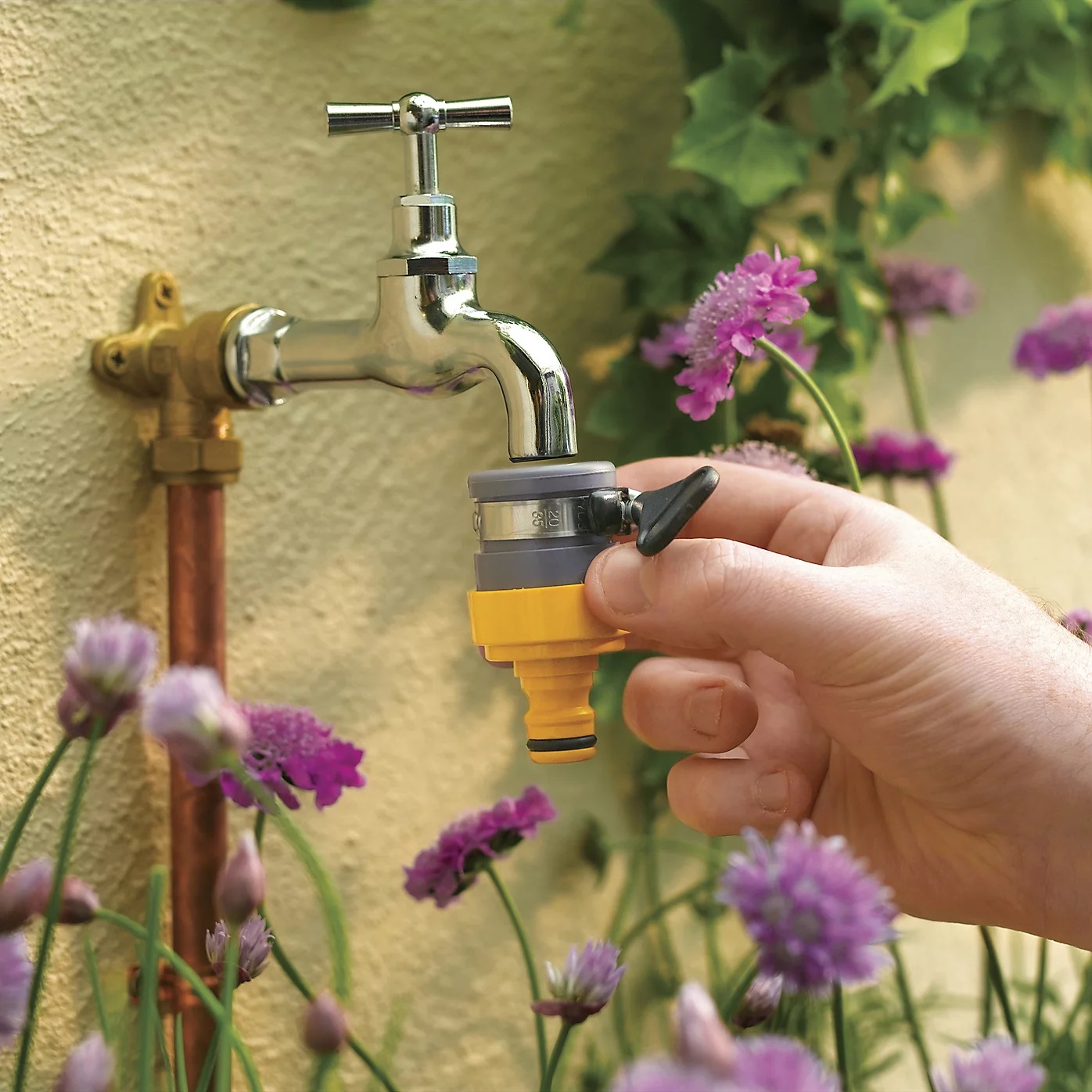 Hozelock Round Tap Connector Yellow and Grey 18mm 2176P9000 | Garden Hose Tap Connector | Hose Pipe Fitting | Supplied with Complete Fittings