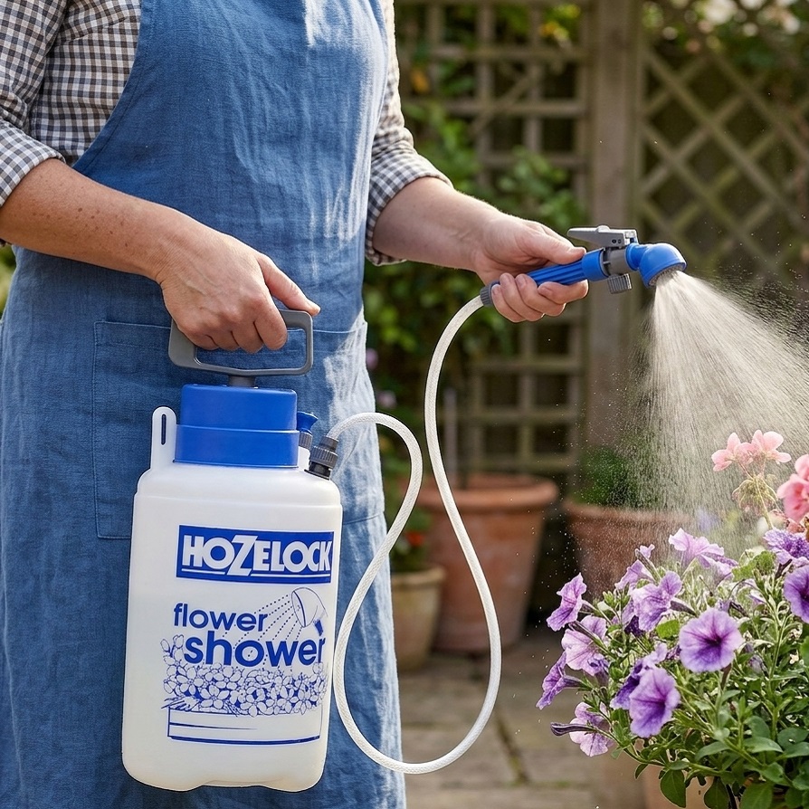 Hozelock Porta Flower Shower White 5Ltr 41403840 | Compact Garden Pressure Sprayer | Extended Lance and 2Mtr Hose | Hanging Baskets Containers Plants Watering | Air Safety Valve and Carry Strap | Supplied with Complete Fittings