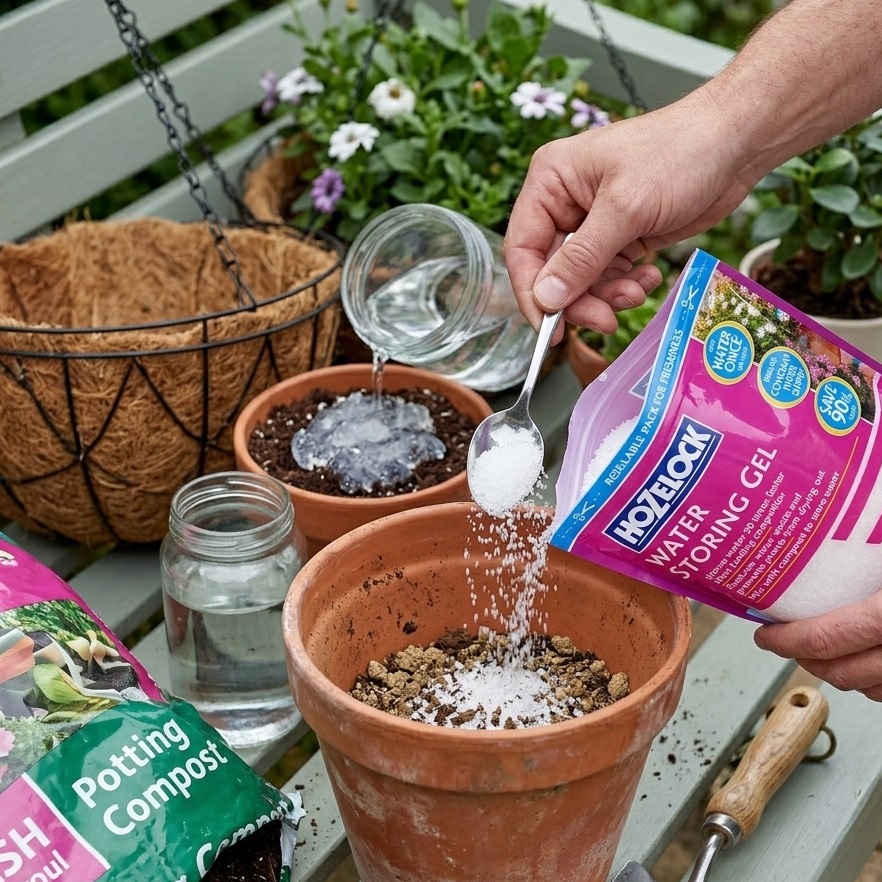 Hozelock Water Storing Gel White 500ml 2017 | Mix with Compost Water Retaining Gel | Reduces Watering Frequency and Prevents Drying Out | Pots Hanging Baskets Indoor Plants Borders | Fast Acting Plant Moisture Gel | Supplied with Complete Fittings