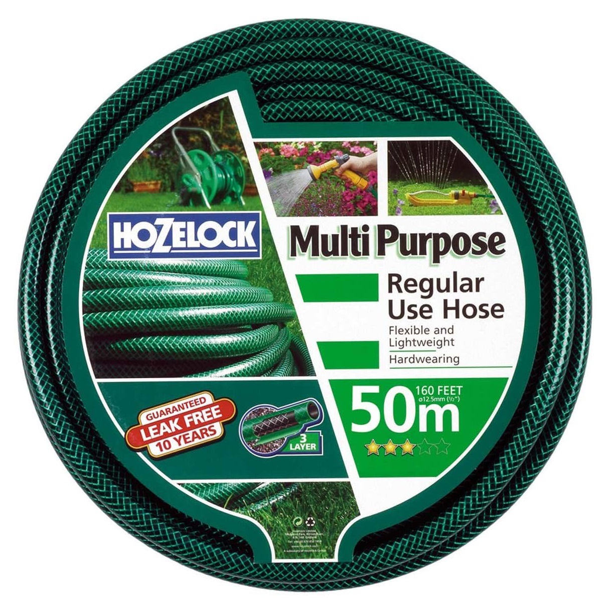 Hozelock Multi-Purpose Regular Use Hose Green 50Mtr | Flexible and Lightweight | Hardwearing | Lawn Irrigation Hose | Outdoor Water Hose | Supplied with Complete Fittings
