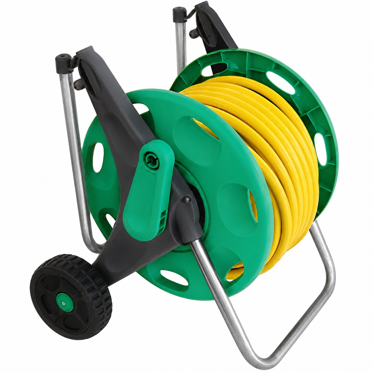 Hozelock Multi Purpose Hose Cart Green 30Mtr 2498M3444 | Wheeled Garden Hose Trolley | Easy Rewind Handle | Freestanding Mobile Hose Storage | Hose Connectors and Adjustable Spray Nozzle | Supplied with Complete Fittings