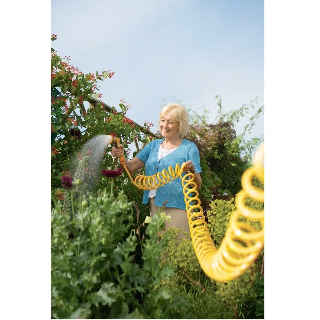 Hozelock Spiral Hose Set Yellow and Grey 15Mtr 6800 | Flexible Recoiling Coiled Hose Pipe | Includes Multi Spray Gun | Tap Connectors | Garden Watering Set | Supplied with Complete Fittings