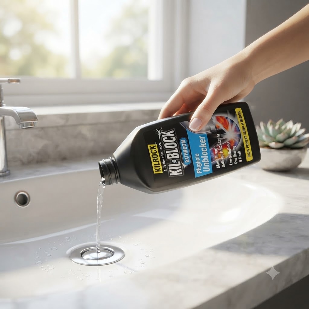 Kilrock Bathroom Plughole Unblocker Black 500ml KILKBBATH | Blasts Through Bathroom Blockages | Leaves Plugholes Free Flowing and Fresh | Helps Prevents Germs and Odours | Sink Unblocker | Bathroom Blockage Remover | Drain Blockage Cleaner